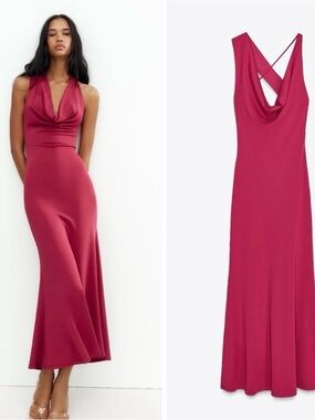 Elegant Pink Satin Cowl Neck Maxi Dress